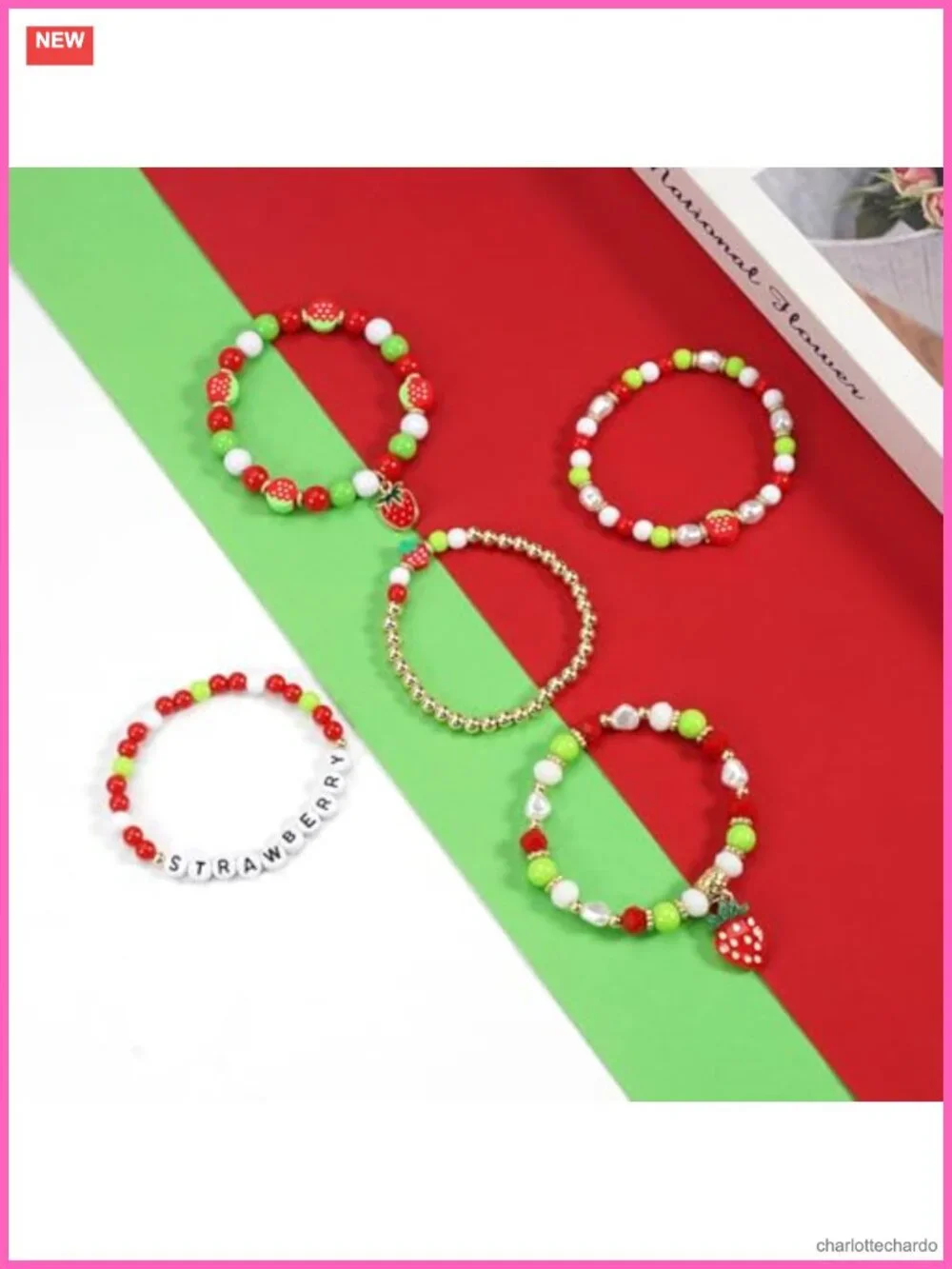 Pearl Heishi Beaded Stretch Bracelet Stackable Boho Strawberry Charms